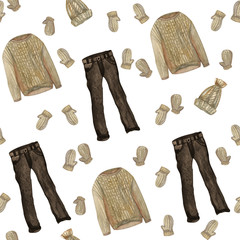 Seamless pattern of winter clothes for men. Set of painted watercolor: pants, sweater, hat, mittens.