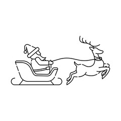 Santa Claus on a sleigh with deer vector outline illustration isolated on white background. Christmas Santa Claus in trendy flat design style. Santa Claus vector icon modern and simple flat design.