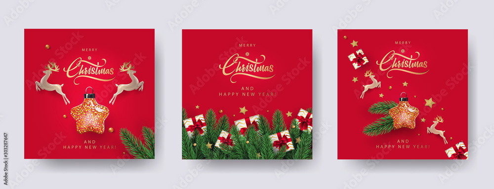 Wall mural set of christmas and new year greeting cards with xmas decoration. winter holiday posters or banners