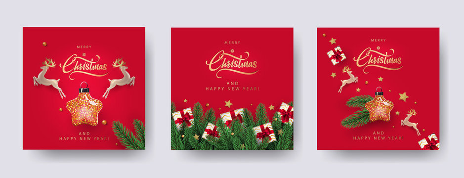 Set of Christmas and New Year greeting cards with xmas decoration. Winter Holiday Posters or banners design in modern realistic style with fir branches, gift boxes, christmas tree toys deer and stars