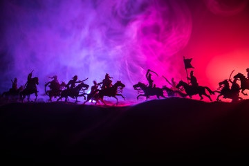 Medieval battle scene with cavalry and infantry. Silhouettes of figures as separate objects, fight...