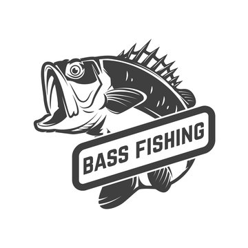 Bass fishing club. Emblem template with perch. Design element for logo, label, sign, poster. Vector illustration