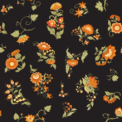 Tradition mughal motif, fantasy flowers in retro, vintage style. Seamless pattern, background. Vector illustration in beige and orange colors.