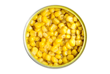open tin of sweetcorn top view isolated