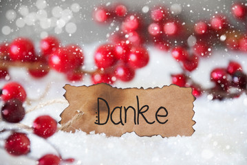 Fototapeta na wymiar Burnt Label With German Calligraphy Danke Means Thank You. Red Christmas Decoration With Snow And Snowflakes