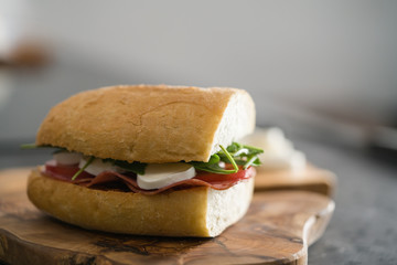 ciabatta sandwich with salami and mozzarella cheese on terrazzo countertop