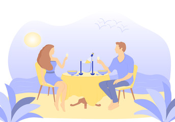 Flat illustration of romantic dinner. Couple of elegant lovers - woman in dress and man - sit at the table and clink glasses on the beach. Evening - stars and moon. People on recreation. Sea and sand.