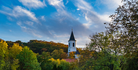 Fototapeta na wymiar late autumn afternoon with trees and church
