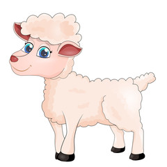 Beautiful cute sheep isolated on white background. Smiling happy character of animal in cartoon style for design. Sheep for farm concept. Vector illustration