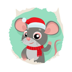 Rat Is A Symbol Of Chinese New Year. Funny Cartoon Mouse In The Hat Of Santa Claus. Funny Rat Looking Out Of Hole In Paper Card Vector Illustration.