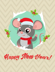 Rat Is A Symbol Of Chinese New Year. Funny Cartoon Mouse In The Hat Of Santa Claus. Greeting Card For Winter Celebrations. Funny Rat Looking Out Of Hole In Paper Card Vector Illustration.