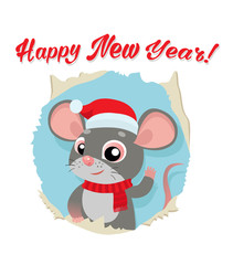 Rat Is A Symbol Of Chinese New Year 2020. Funny Cartoon Mouse In The Hat Of Santa Claus. Greeting Card For Winter Celebrations. Funny Rat Looking Out Of Hole In Paper Card Vector Illustration.