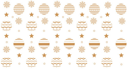 Christmas seamless pattern with New Year decorations. Golden snowflakes, circles balls with ornament, stars. Winter holiday background.