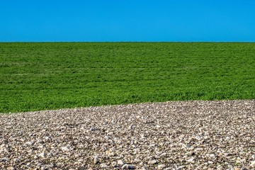 Wonderful and colorful background of sky, green field and earth with stones.