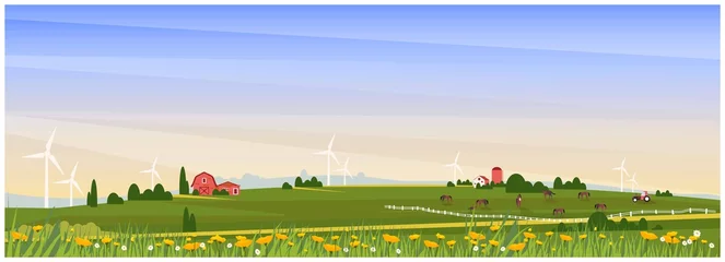 Foto op Plexiglas Panoramic Vector illustration of rural countryside with farmhouse,horse ranch and wind turbine in spring. Beautiful flat design of farm or agricultural with poppy and wild flower.Organic farm concept  © Paansaeng