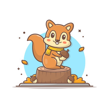 Happy Cute Squirrel Character Holding Acorn Vector Illustration. Happy Autumn. Autumn Icon Illustration. Flat Cartoon Style Suitable for Web Landing Page, Banner, Flyer, Sticker, Card, Background