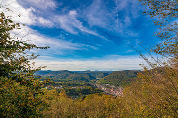 The view down from the Reichsburg Trifels in Palatinate, Autumn, Germany 2019