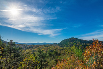 The view down from the Reichsburg Trifels in Palatinate, Autumn, Germany 2019