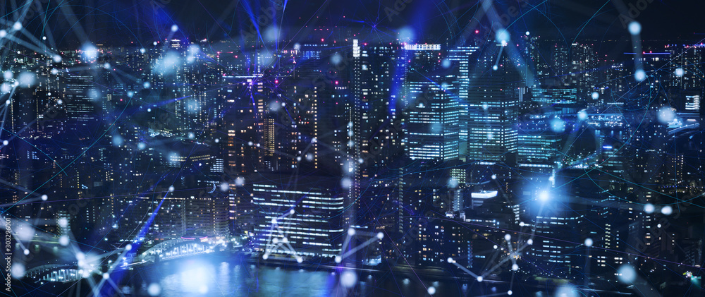 Poster fast connection in the city at night. concept of social network and internet network