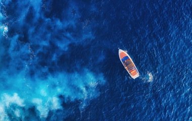 Croatia. Aerial view of luxury floating boat on blue Adriatic sea at sunny day. Yachts at the sea...