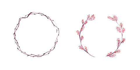Set of two watercolor branch wreathes on white background.Circle frame for your design.