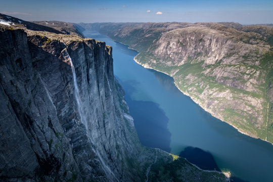 Vertiginous view into ravine of Lysefjord Norway