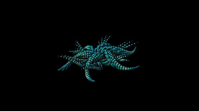 Abstract turquoise small circles gathered into the strange moving figure with tentacles. Animation. 3D shape resembling an octopus isolated on black background, seamless loop.