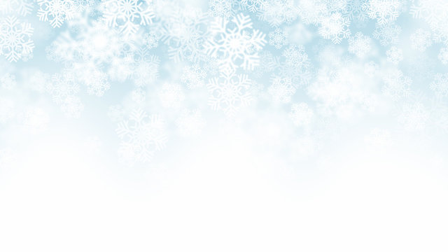 Blurred Motion Falling Snow 3D Effect With Realistic White Snowflakes On Light Blue Background. Merry Christmas And Happy New Year Winter Season Holidays Abstract Illustration In Ultra High Quality