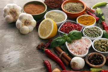 Spices and herbs on table. Food and cuisine ingredients for good cooking