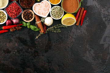 Spices and herbs on table. Food and cuisine ingredients for good cooking