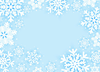 Merry Christmas and Happy New Year greeting card with snowflakes on blue background. Vector illustration