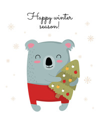 Creative postcard for New 2020 Year with cute koala and winter slogan. Vector cartoon doodle isolated illustration.