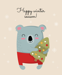 Creative postcard for New 2020 Year with cute koala and winter slogan. Vector cartoon doodle isolated illustration.