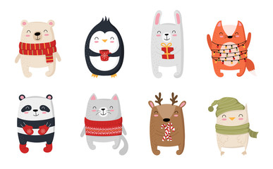 Fototapeta premium Creative collection of cute animal for New Year. Vector cartoon doodle isolated illustration. Winter holidays, baby shower, birthday, children's party