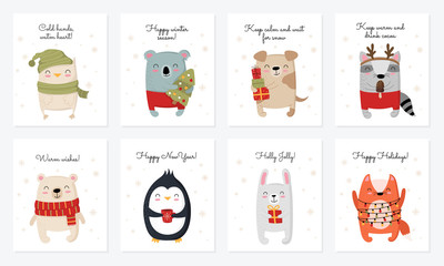 Vector collection of cards with hand drawing cute winter animals and slogan. Creative postcard set for New 2020 Year.