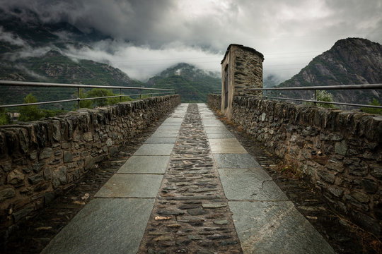 medieval bridge of Echallod over Dora Baltea river, municipality of Arnad, Aosta Valley, Italy