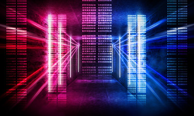 Background of empty show scene. Empty dark modern abstract neon background. Glow of neon lights on an empty stage, diodes, rays and lines. Lights of the night city.