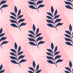 Exotic leaf on a pink background. Print summer seamless vector pattern wallpaper in trend colors.