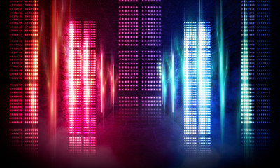 Background of empty show scene. Empty dark modern abstract neon background. Glow of neon lights on an empty stage, diodes, rays and lines. Lights of the night city.