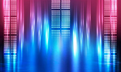 Poster Background of empty show scene. Empty dark modern abstract neon background. Glow of neon lights on an empty stage, diodes, rays and lines. Lights of the night city. © MiaStendal