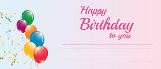 Happy Birthday - greeting card horizontal composition with soft colored background, pink text and realistic helium balloons with colorful exploding confetti.