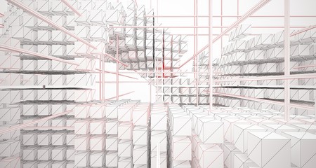 Drawing abstract architectural white interior from an array of cubes with large windows. 3D illustration and rendering.