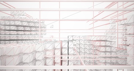 Drawing abstract architectural white interior from an array of cubes with large windows. 3D illustration and rendering.