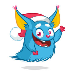Cartoon funny christmas monster wearing santa hat