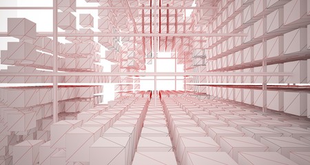 Drawing abstract architectural white interior from an array of cubes with large windows. 3D illustration and rendering.