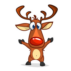 Funny cartoon red nose reindeer.  Christmas vector illustration isolated