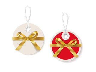 Set of realistic Christmas sale tags with golden ribbon on white  background. Vector Illustration.
