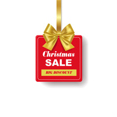 Red Christmas sale tag with golden ribbon. Vector Illustration.