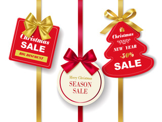 Set of realistic Red Christmas sale tags with golden ribbon on white  background. Vector Illustration.
