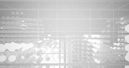 Obraz premium Abstract white architectural interior from an array of spheres with neon lighting. 3D illustration and rendering.